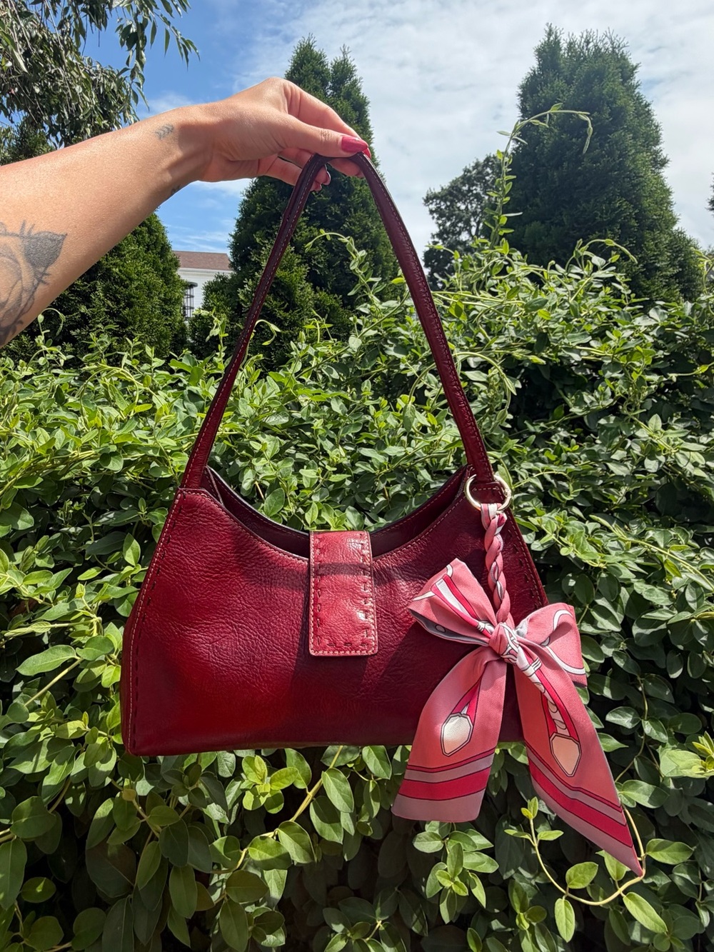 Classic Women's Shoulder Bag in Burgundy with Scarf Accent